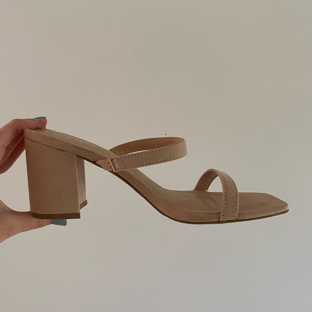 Tan suede block heel sandal